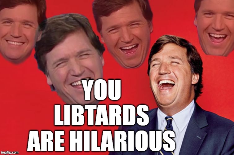 Tucker laughs at libs | YOU LIBTARDS
ARE HILARIOUS | image tagged in tucker laughs at libs | made w/ Imgflip meme maker