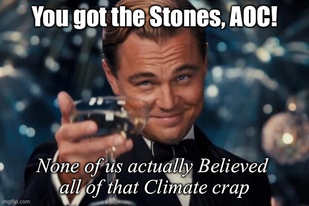 None of us…. But, we’ll USE IT, to make More Money, while gaining More Power | You got the Stones, AOC! None of us actually Believed 
all of that Climate crap | image tagged in memes,leonardo dicaprio cheers,fvcking hypocrites can all kiss my ass,progressives are evil vampires,evil vampires,pos | made w/ Imgflip meme maker
