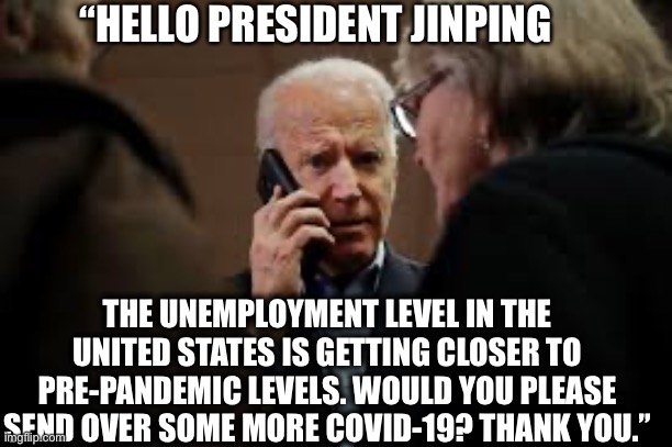 Unemployment unexpectedly drops to 8%. Dems and media lapdogs panic!! | “HELLO PRESIDENT JINPING; THE UNEMPLOYMENT LEVEL IN THE UNITED STATES IS GETTING CLOSER TO PRE-PANDEMIC LEVELS. WOULD YOU PLEASE SEND OVER SOME MORE COVID-19? THANK YOU.” | image tagged in joe biden,covid19,coronavirus,china,xi jinping,memes | made w/ Imgflip meme maker