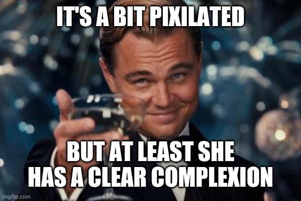 Leonardo Dicaprio Cheers Meme | IT'S A BIT PIXILATED BUT AT LEAST SHE HAS A CLEAR COMPLEXION | image tagged in memes,leonardo dicaprio cheers | made w/ Imgflip meme maker