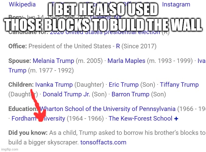 Trump and His Building Blocks | I BET HE ALSO USED THOSE BLOCKS TO BUILD THE WALL | image tagged in donald trump,block | made w/ Imgflip meme maker