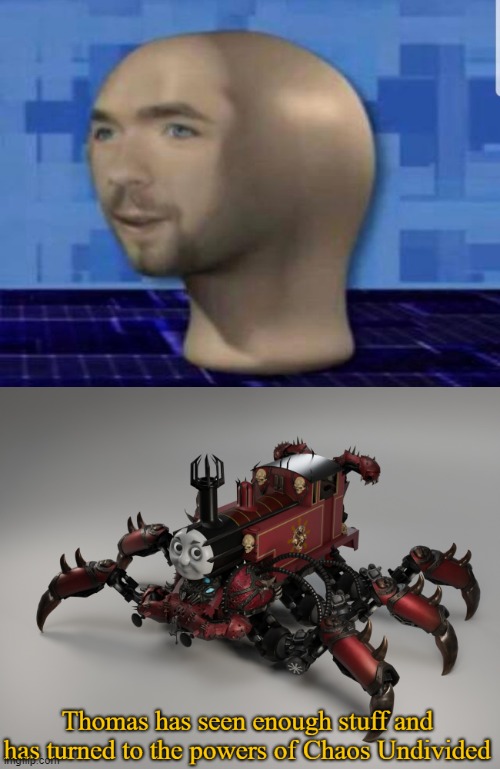 Jacksepticeye's face on Meme Man head | image tagged in thomas has join chaos undivided,jacksepticeye,stonks,meme man,cursed image,thomas the tank engine | made w/ Imgflip meme maker