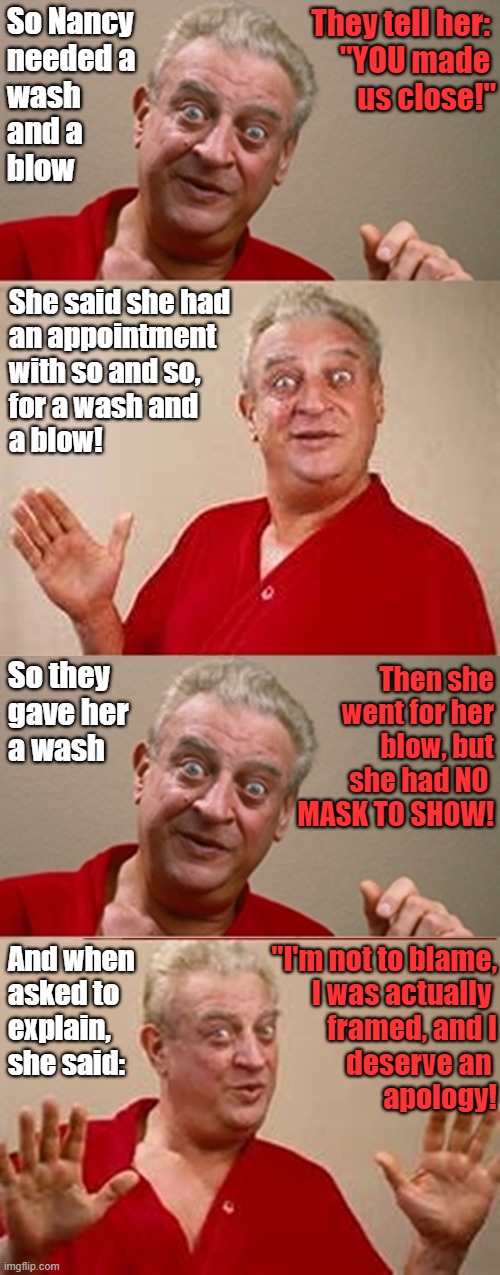 Bad Pun Rodney Dangerfield | So Nancy
needed a
wash
and a
blow; They tell her: 
"YOU made 
us close!"; She said she had 
an appointment 
with so and so,
for a wash and 
a blow! So they gave her 
a wash; Then she went for her blow, but
 she had NO 
MASK TO SHOW! And when
asked to
explain, 
she said:; "I'm not to blame,
I was actually 
framed, and I
deserve an 
apology! | image tagged in political meme,funny memes,nancy pelosi,rodney dangerfield,salon,hairdresser | made w/ Imgflip meme maker