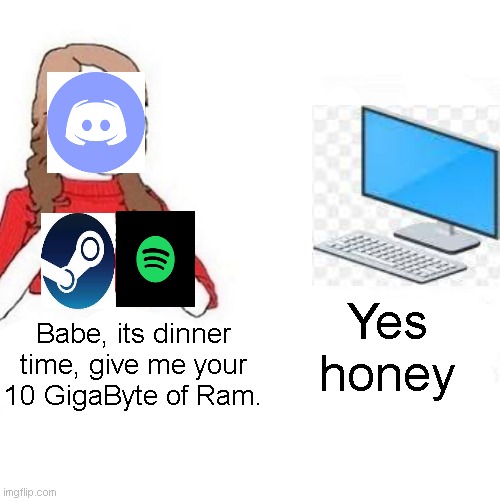 God damn it. | Yes honey; Babe, its dinner time, give me your 10 GigaByte of Ram. | image tagged in yes honey,memes,steam,discord,spotify,funny | made w/ Imgflip meme maker