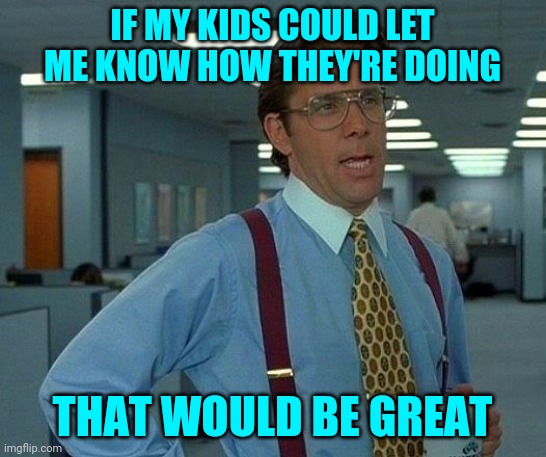 Haven't heard from Grilled, Borderline or Del in awhile. | IF MY KIDS COULD LET ME KNOW HOW THEY'RE DOING; THAT WOULD BE GREAT | image tagged in memes,that would be great | made w/ Imgflip meme maker