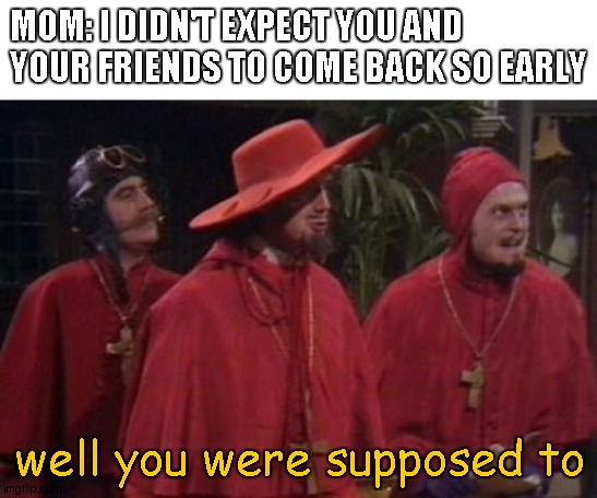 she had to expect didn't she!?! | MOM: I DIDN'T EXPECT YOU AND YOUR FRIENDS TO COME BACK SO EARLY; well you were supposed to | image tagged in nobody expects the spanish inquisition monty python | made w/ Imgflip meme maker