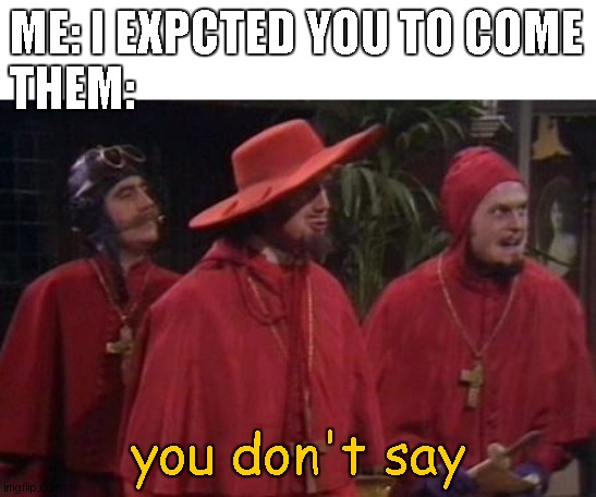 i possess the absolute power of the expectionary | ME: I EXPCTED YOU TO COME
THEM:; you don't say | image tagged in nobody expects the spanish inquisition monty python | made w/ Imgflip meme maker