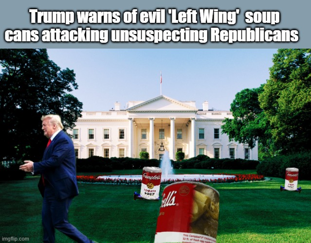 Lawlessness Reigns! | Trump warns of evil 'Left Wing'  soup cans attacking unsuspecting Republicans | image tagged in trump is a moron,donald trump is an idiot,election 2020 | made w/ Imgflip meme maker