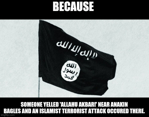 Isis Flag | BECAUSE SOMEONE YELLED 'ALLAHU AKBAR!' NEAR ANAKIN BAGLES AND AN ISLAMIST TERRORIST ATTACK OCCURED THERE. | image tagged in isis flag | made w/ Imgflip meme maker