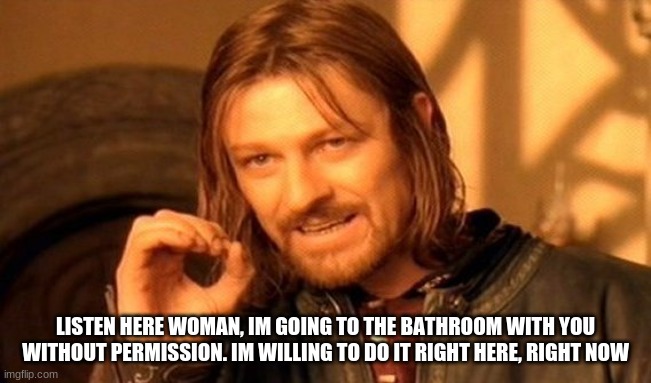 One Does Not Simply Meme | LISTEN HERE WOMAN, I'M GOING TO THE BATHROOM WITH YOU WITHOUT PERMISSION. I'M WILLING TO DO IT RIGHT HERE, RIGHT NOW | image tagged in memes,one does not simply | made w/ Imgflip meme maker