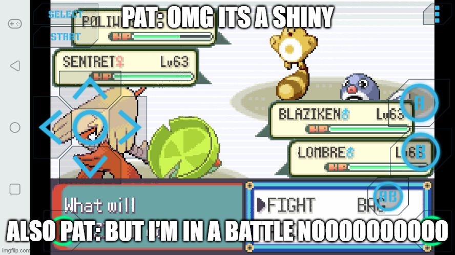 shiny | PAT: OMG ITS A SHINY; ALSO PAT: BUT I'M IN A BATTLE NOOOOOOOOOO | image tagged in shiny | made w/ Imgflip meme maker
