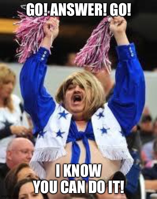 Cheerleader | GO! ANSWER! GO! I KNOW YOU CAN DO IT! | image tagged in cheerleader | made w/ Imgflip meme maker