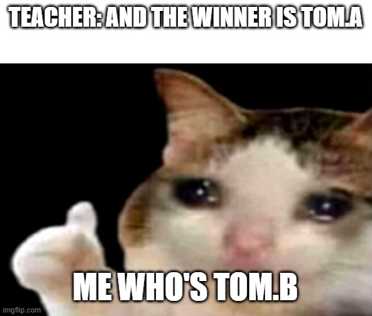 Sad cat thumbs up | TEACHER: AND THE WINNER IS TOM.A; ME WHO'S TOM.B | image tagged in sad cat thumbs up | made w/ Imgflip meme maker