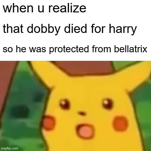 hermione, ron, luna, ollivander, griphook and dean too. RIP dobby | when u realize; that dobby died for harry; so he was protected from bellatrix | image tagged in memes,surprised pikachu | made w/ Imgflip meme maker