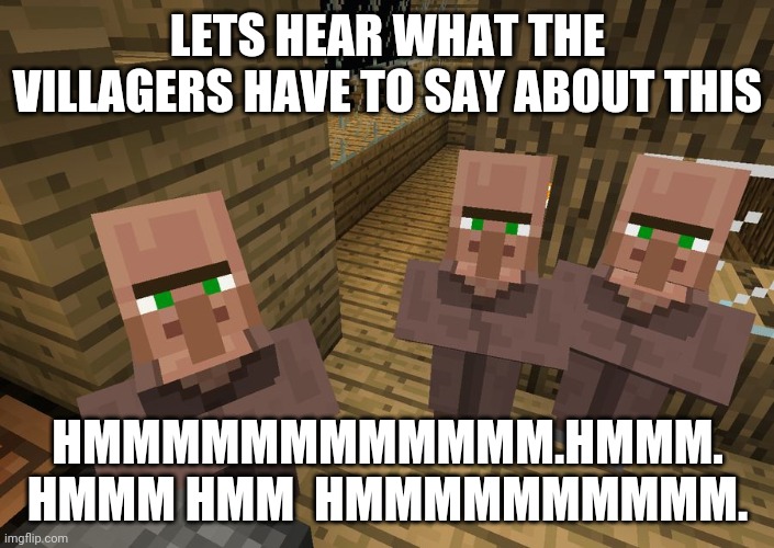 Minecraft Villagers | LETS HEAR WHAT THE VILLAGERS HAVE TO SAY ABOUT THIS HMMMMMMMMMMMM.HMMM. HMMM HMM  HMMMMMMMMMM. | image tagged in minecraft villagers | made w/ Imgflip meme maker