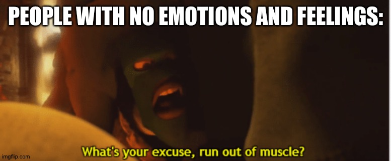 What's your excuse, run out of muscle? | PEOPLE WITH NO EMOTIONS AND FEELINGS: | image tagged in what's your excuse run out of muscle | made w/ Imgflip meme maker