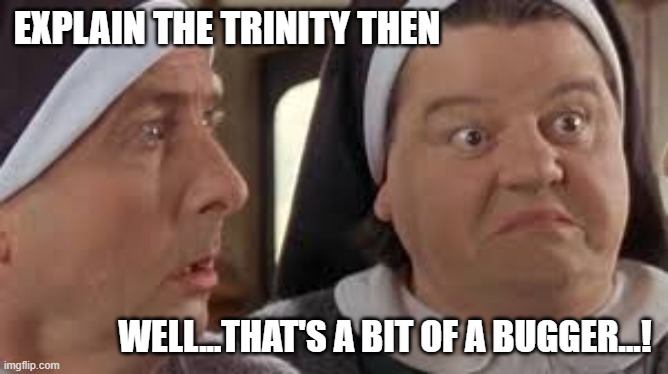 Nuns on the Run - The Trinity | EXPLAIN THE TRINITY THEN; WELL...THAT'S A BIT OF A BUGGER...! | image tagged in nuns on the run,trinity | made w/ Imgflip meme maker