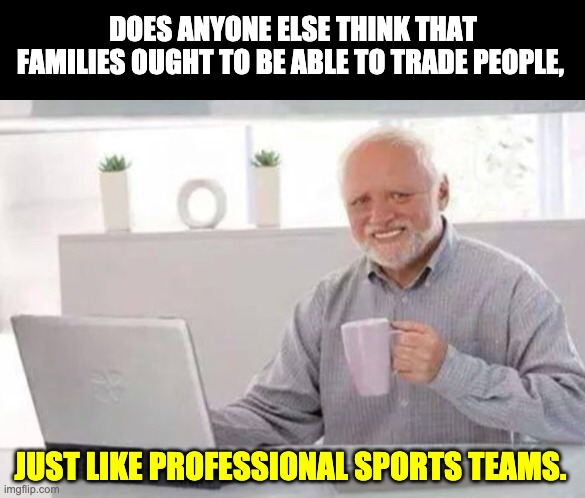 Harold | DOES ANYONE ELSE THINK THAT FAMILIES OUGHT TO BE ABLE TO TRADE PEOPLE, JUST LIKE PROFESSIONAL SPORTS TEAMS. | image tagged in harold | made w/ Imgflip meme maker