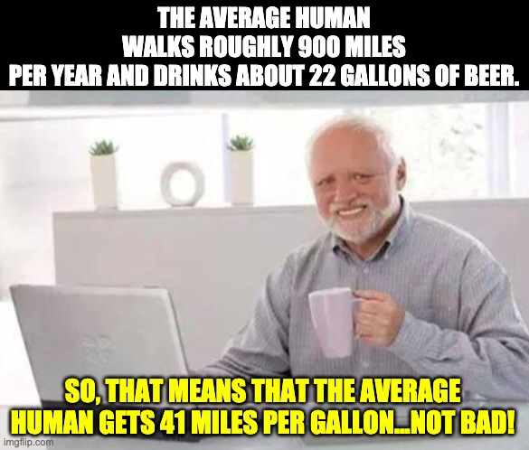 Harold | THE AVERAGE HUMAN WALKS ROUGHLY 900 MILES PER YEAR AND DRINKS ABOUT 22 GALLONS OF BEER. SO, THAT MEANS THAT THE AVERAGE HUMAN GETS 41 MILES PER GALLON...NOT BAD! | image tagged in harold | made w/ Imgflip meme maker