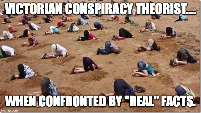 Head in sand | VICTORIAN CONSPIRACY THEORIST.... WHEN CONFRONTED BY "REAL" FACTS. | image tagged in head in sand | made w/ Imgflip meme maker