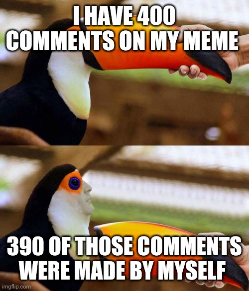 Who does this? | I HAVE 400 COMMENTS ON MY MEME; 390 OF THOSE COMMENTS WERE MADE BY MYSELF | image tagged in toucan beak | made w/ Imgflip meme maker