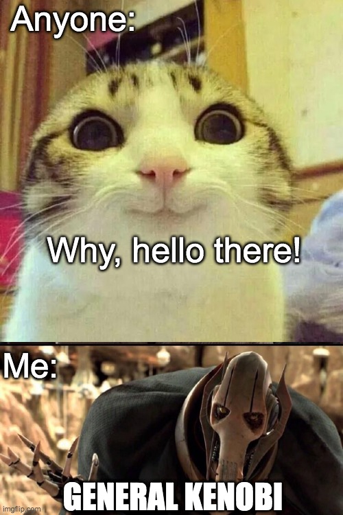 I still do it, to this day. | Anyone:; Why, hello there! Me:; GENERAL KENOBI | image tagged in well hello there | made w/ Imgflip meme maker