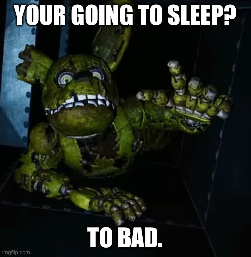 YOUR GOING TO SLEEP? TO BAD. | image tagged in fnaf,springtrap | made w/ Imgflip meme maker