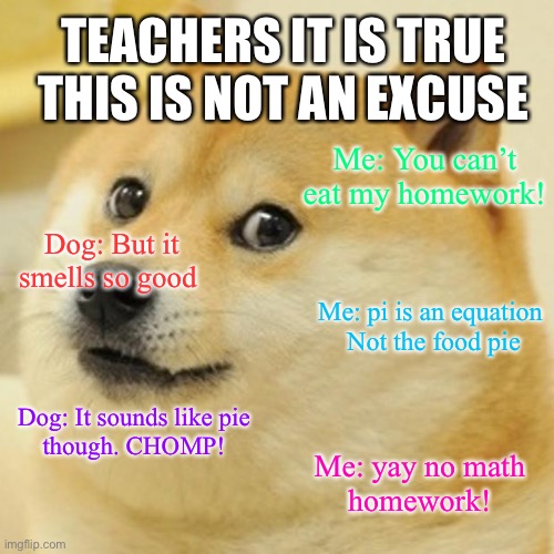 Doge | TEACHERS IT IS TRUE THIS IS NOT AN EXCUSE; Me: You can’t eat my homework! Dog: But it smells so good; Me: pi is an equation 
Not the food pie; Dog: It sounds like pie
though. CHOMP! Me: yay no math
homework! | image tagged in memes,doge | made w/ Imgflip meme maker