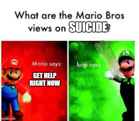 Something is fishy here | SUICIDE; GET HELP RIGHT NOW | image tagged in mario brothers veiws,memes | made w/ Imgflip meme maker