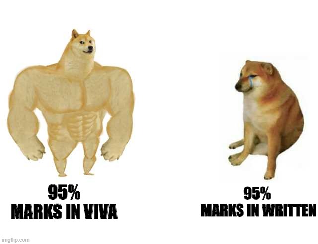 written vs viva | 95% 
MARKS IN WRITTEN; 95% MARKS IN VIVA | image tagged in strong doge weak doge | made w/ Imgflip meme maker