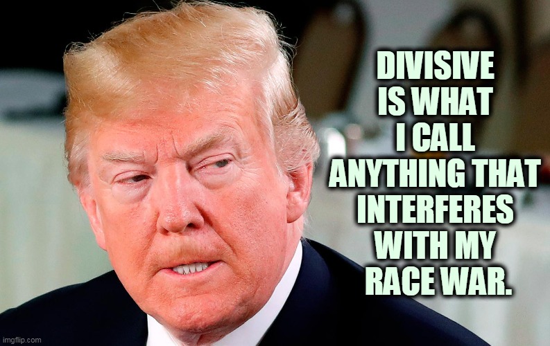 Trump openly aggravates racial tensions. Tolerance and understanding frighten him. Disgusting. | DIVISIVE 
IS WHAT 
I CALL 
ANYTHING THAT 
INTERFERES 
WITH MY 
RACE WAR. | image tagged in trump lip curl as his world goes to shit,trump,racist,white supremacists,disgusting | made w/ Imgflip meme maker