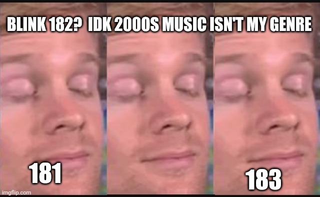 Blink 182 - I think... ? | 181 183 BLINK 182?  IDK 2000S MUSIC ISN'T MY GENRE | image tagged in blinking guy | made w/ Imgflip meme maker