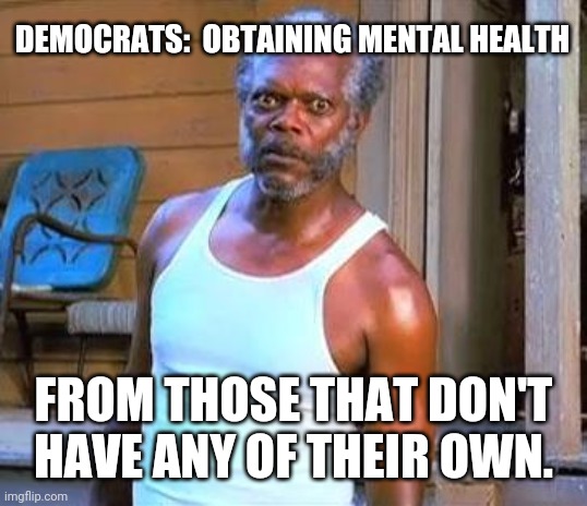 Samuel L Jackson | DEMOCRATS:  OBTAINING MENTAL HEALTH FROM THOSE THAT DON'T HAVE ANY OF THEIR OWN. | image tagged in samuel l jackson | made w/ Imgflip meme maker