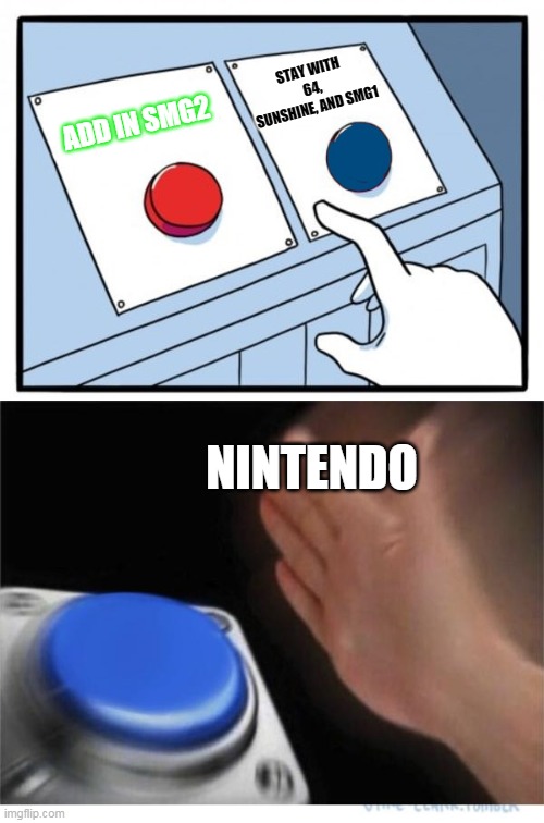 Nintendo be like: | STAY WITH 64, SUNSHINE, AND SMG1; ADD IN SMG2; NINTENDO | image tagged in two buttons 1 blue | made w/ Imgflip meme maker