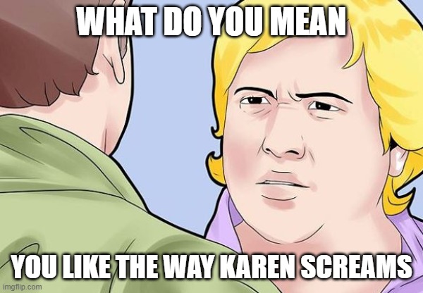 idk, it's funny i guess | WHAT DO YOU MEAN; YOU LIKE THE WAY KAREN SCREAMS | image tagged in karen,what do you mean,karens | made w/ Imgflip meme maker