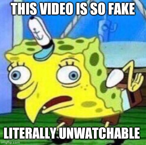 Sarcastic spongebob | THIS VIDEO IS SO FAKE; LITERALLY UNWATCHABLE | image tagged in sarcastic spongebob | made w/ Imgflip meme maker