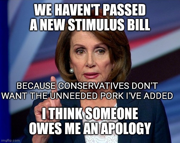 Nanci Pelosi Finger | WE HAVEN'T PASSED A NEW STIMULUS BILL; BECAUSE CONSERVATIVES DON'T WANT THE UNNEEDED PORK I'VE ADDED; I THINK SOMEONE OWES ME AN APOLOGY | image tagged in nanci pelosi finger | made w/ Imgflip meme maker