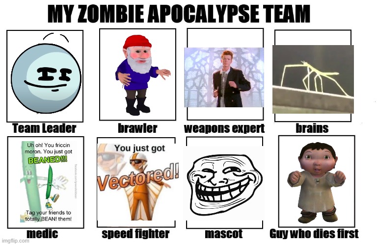 My Zombie Apocalypse Team | image tagged in memes,my zombie apocalypse team,distraction,gnome,rickroll,stickbug | made w/ Imgflip meme maker