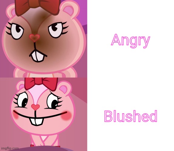 New Template! (Giggles Format) (Link in comments.) | Angry; Blushed | image tagged in giggles format htf meme,memes,happy tree friends,drake hotline bling,handy format htf meme | made w/ Imgflip meme maker