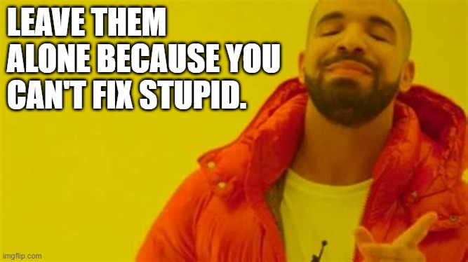 Drake approving | LEAVE THEM ALONE BECAUSE YOU CAN'T FIX STUPID. | image tagged in drake approving | made w/ Imgflip meme maker