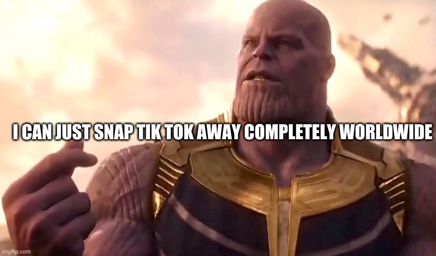 thanos snap | I CAN JUST SNAP TIK TOK AWAY COMPLETELY WORLDWIDE | image tagged in thanos snap | made w/ Imgflip meme maker