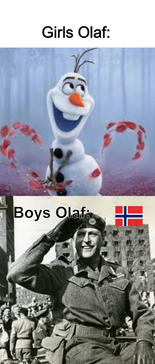 Olaf From Frozen VS Olaf V of Norway | Girls Olaf:; Boys Olaf: | image tagged in boys vs girls | made w/ Imgflip meme maker