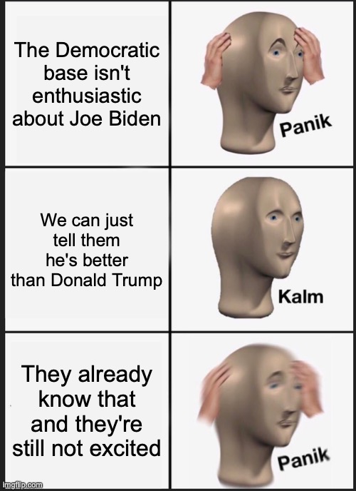 Regular Joe | The Democratic base isn't enthusiastic about Joe Biden; We can just tell them he's better than Donald Trump; They already know that and they're still not excited | image tagged in memes,panik kalm panik,joe biden,low,bar | made w/ Imgflip meme maker