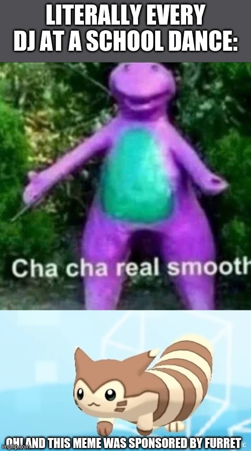 cha cha real smooth | LITERALLY EVERY DJ AT A SCHOOL DANCE:; OH! AND THIS MEME WAS SPONSORED BY FURRET | image tagged in cha cha real smooth,furret walcc | made w/ Imgflip meme maker