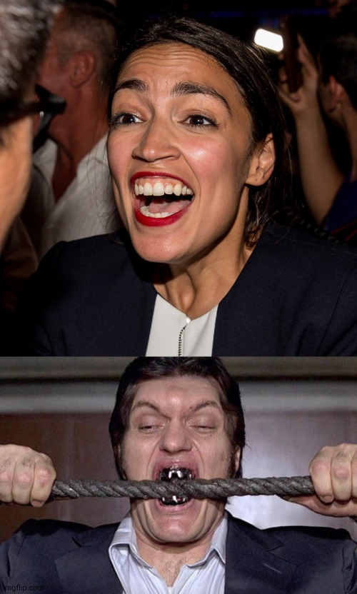 Tell me I'm wrong | image tagged in jaws james bond licorice,ocasio cortez | made w/ Imgflip meme maker