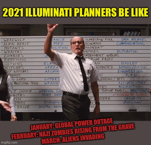 Cabin the the woods | 2021 ILLUMINATI PLANNERS BE LIKE JANUARY: GLOBAL POWER OUTAGE 
FEBRUARY: NAZI ZOMBIES RISING FROM THE GRAVE
MARCH: ALIENS INVADING 
.... | image tagged in cabin the the woods | made w/ Imgflip meme maker