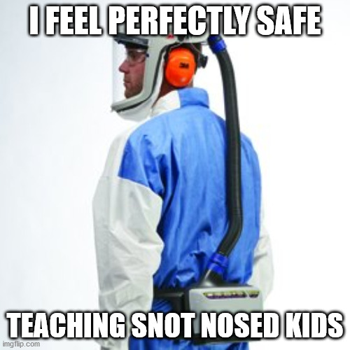 Teaching in 2020 | I FEEL PERFECTLY SAFE; TEACHING SNOT NOSED KIDS | image tagged in teachers,safety,ppe,covid-19 | made w/ Imgflip meme maker