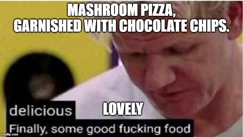 Food Experiment. | MASHROOM PIZZA, GARNISHED WITH CHOCOLATE CHIPS. LOVELY | image tagged in gordon ramsay some good food | made w/ Imgflip meme maker
