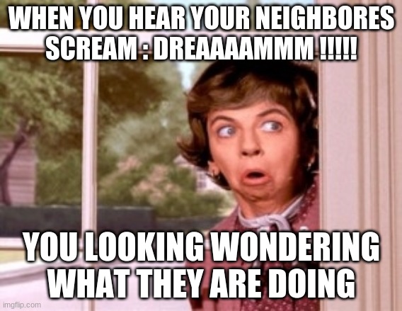 nosey neighbor | WHEN YOU HEAR YOUR NEIGHBORES SCREAM : DREAAAAMMM !!!!! YOU LOOKING WONDERING WHAT THEY ARE DOING | image tagged in nosey neighbor | made w/ Imgflip meme maker