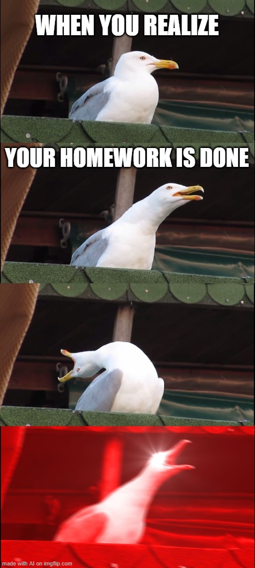 Inhaling Seagull Meme | WHEN YOU REALIZE; YOUR HOMEWORK IS DONE | image tagged in memes,inhaling seagull | made w/ Imgflip meme maker